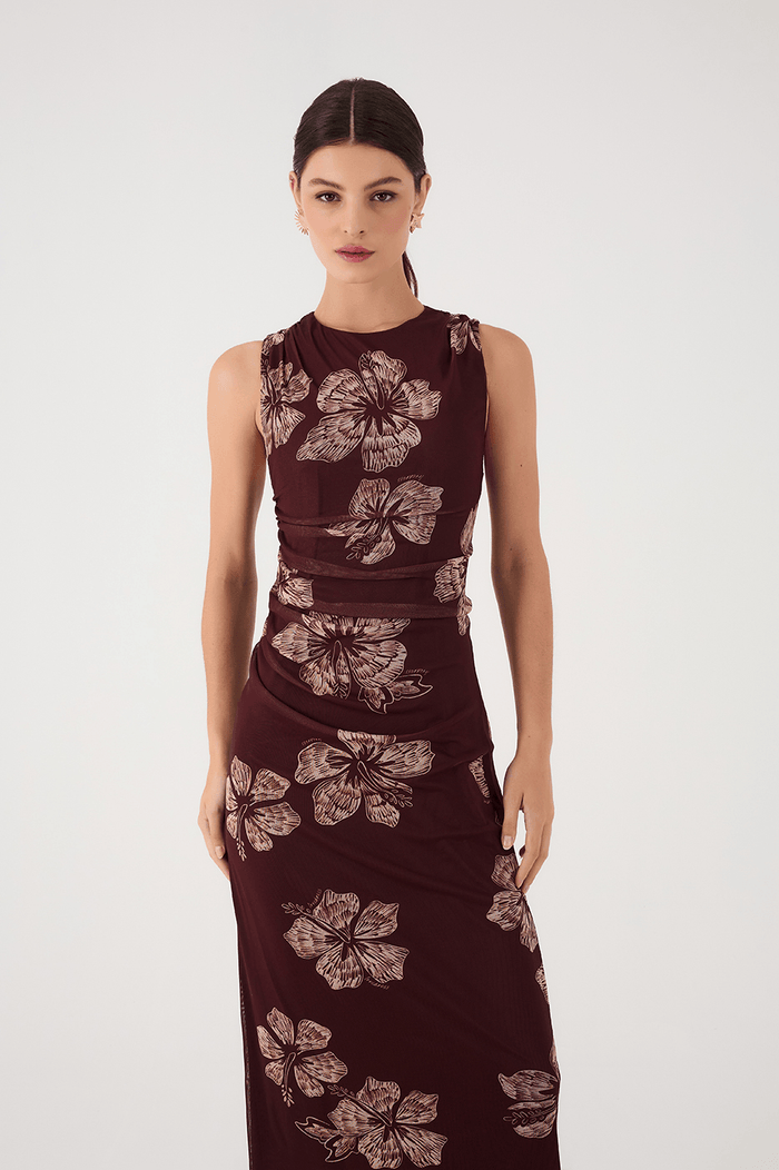 Brown Grumari Sleeveless Draped Tulle Maxi Dress_3
