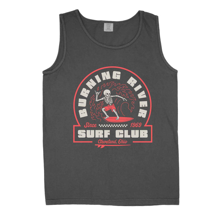Burning River Surf Club tank top featuring skeleton surfer riding a wave of fire inspired by Cleveland's historic Cuyahoga River fires and Lake Erie surf culture