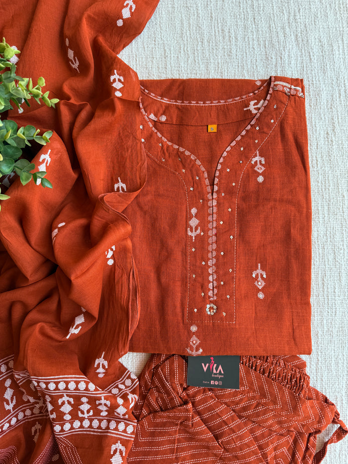 Burnt Orange pure cotton Ready suit set