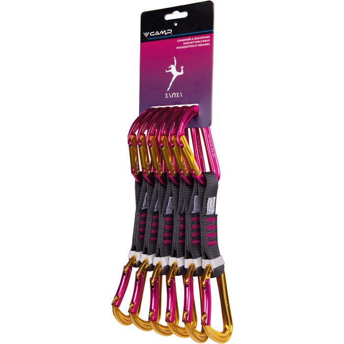C.A.M.P Photon Express Janja quickdraws with pink and gold carabiners on grey dogbones in retail packaging.