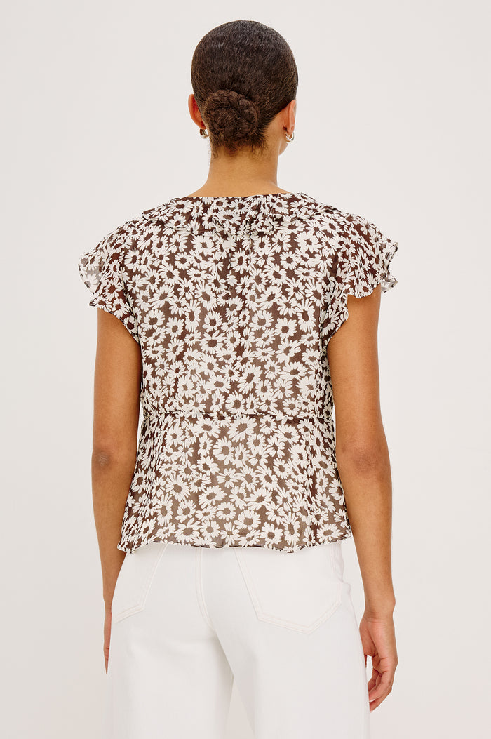 Carmine Top in Chiffon Short Flutter Sleeves and Plunging V-Neckline With Self-Ties in Espresso Daisy Colorway - Upper Body Back View Featured on Model