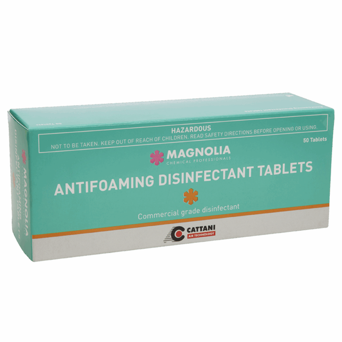 A box of Magnolia Chemical Professionals Antifoaming Disinfectant Tablets by Cattani Dental suction cleaner