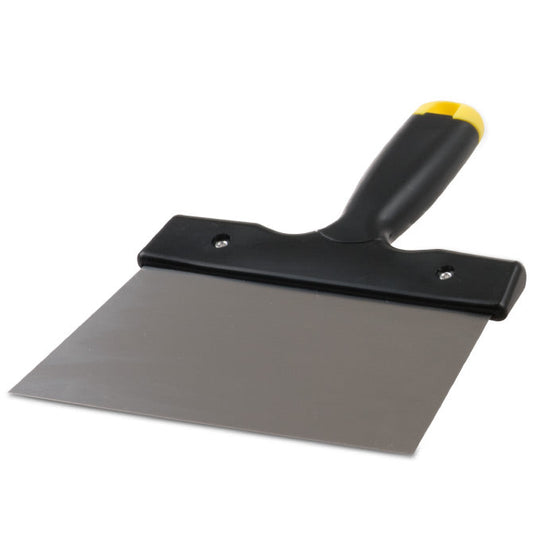 A stainless steel chocolate spatula with a black plastic handle and a yellow accent.