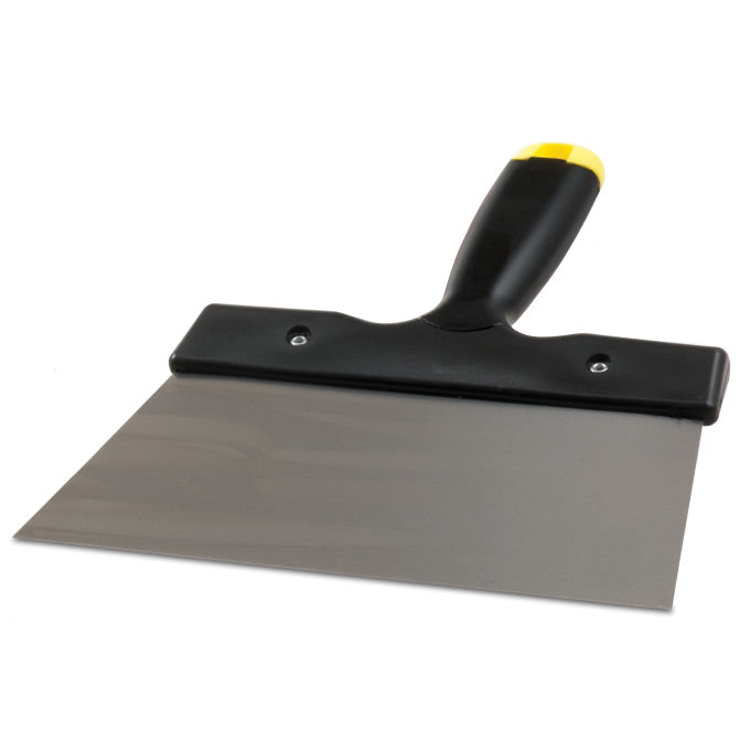 A stainless steel chocolate spatula with a black plastic handle and a yellow accent.