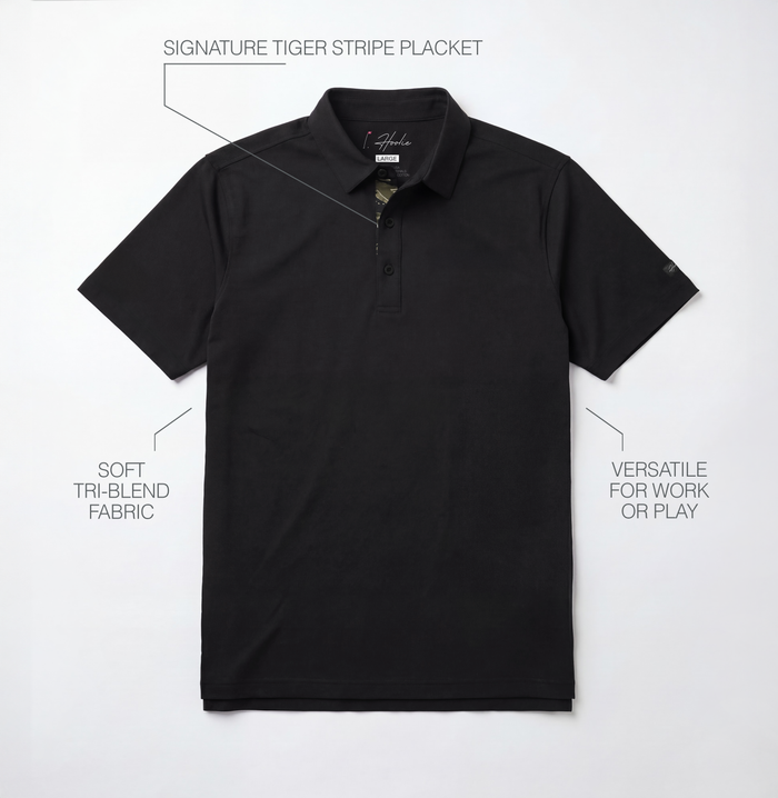 Black Men's Classic Golf polo with text highlighting features on a light gray background