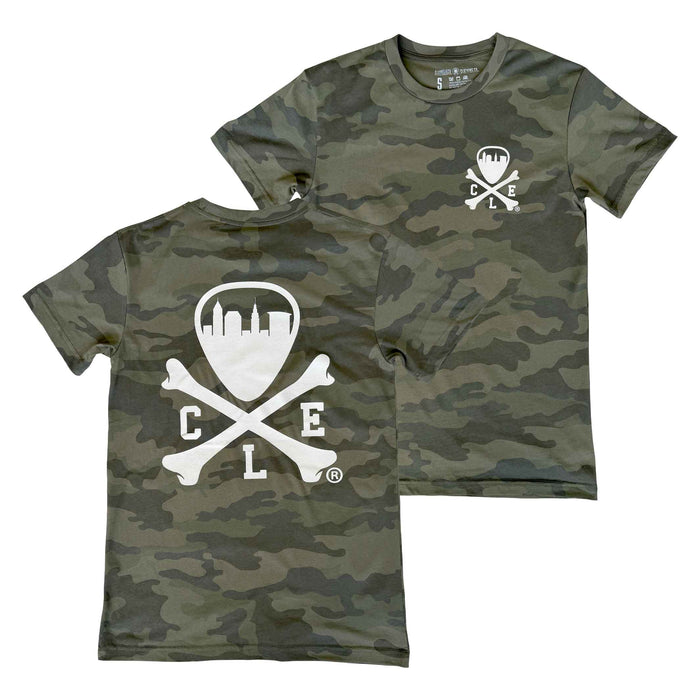 Two camouflage t-shirts with a logo on a white background