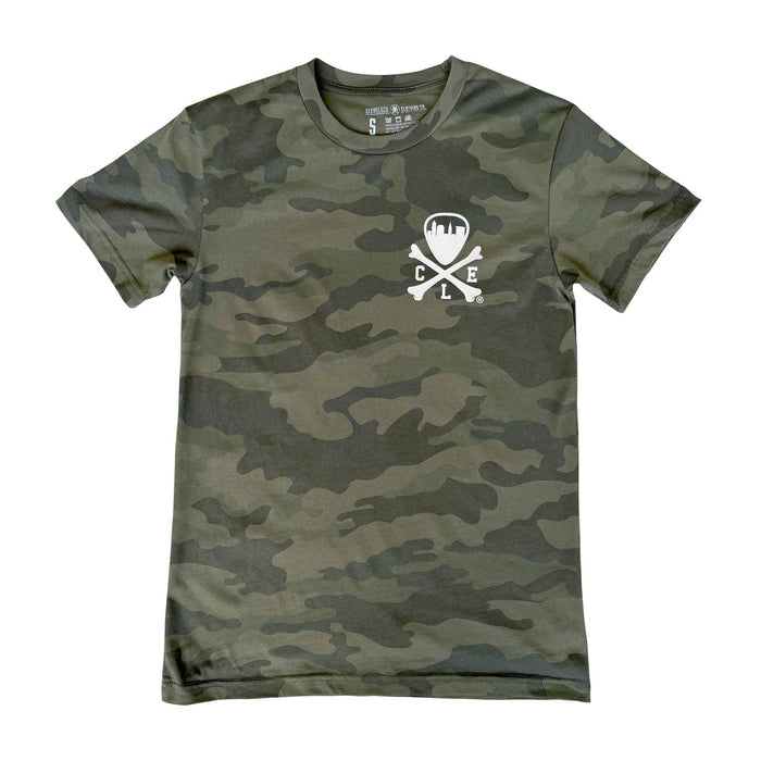 Camouflage t-shirt with a white logo on a white background