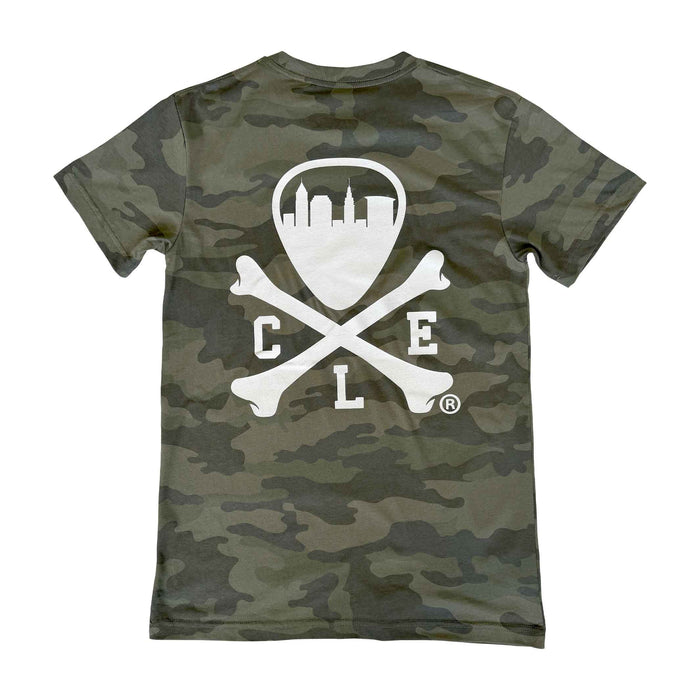 Camouflage t-shirt with a white logo on a white background