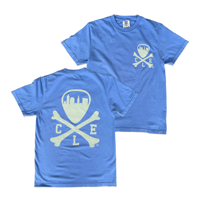 A blue short-sleeve t-shirt shown from both the front and back views. The front features a small light green graphic on the left chest, and the back features a large matching graphic.