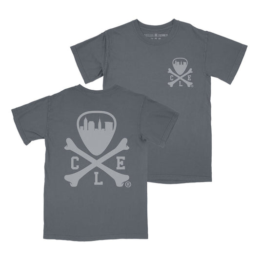 Gray t-shirt with 'C E L' logo on front and back on a white background