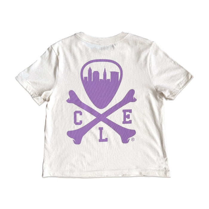 A white short-sleeve t-shirt shown from the back, featuring a purple graphic of a shield with a city skyline, crossed bones, and the letters 'C', 'L', and 'E'.