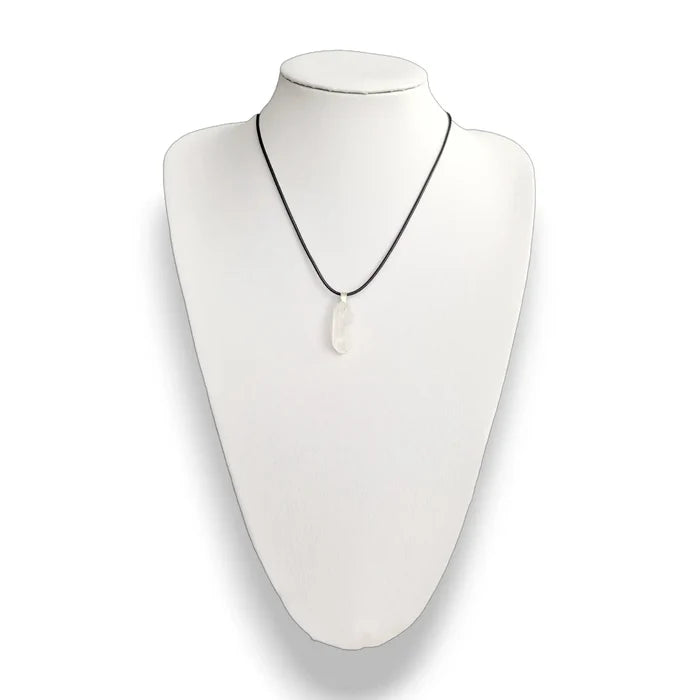 Clear quartz necklace, raw crystal point on a wax cord
