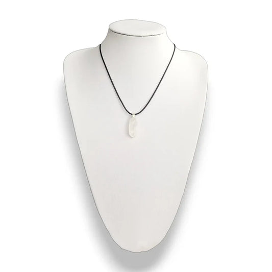 Clear quartz necklace, raw crystal point on a wax cord