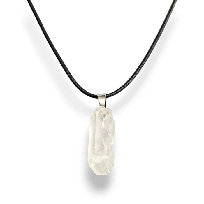 Clear quartz necklace, raw crystal point on wax cord, view 2