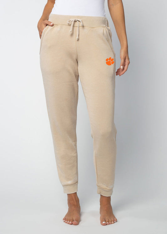 Clemson Tigers Women's Oatmeal Mid-rise, slim fit, tapered leg Burnout fleece Joggers with Drawstring waistband, side pockets and tapered legs with rub cuffs