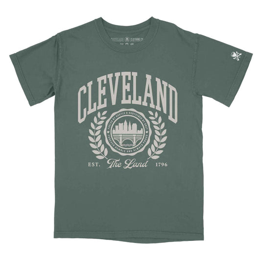 Green t-shirt with 'Cleveland' graphic design on a white background