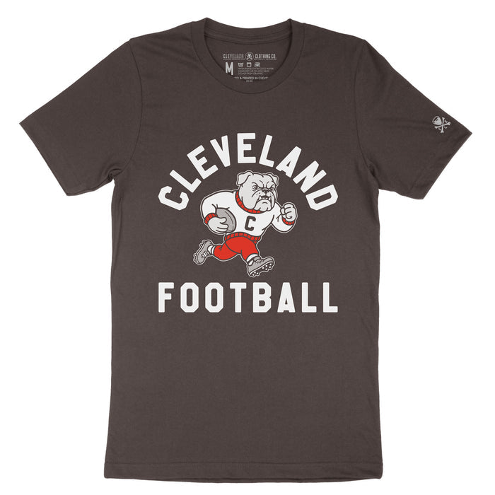Cleveland Football Retro Mascot unisex brown t-shirt with vintage football graphic