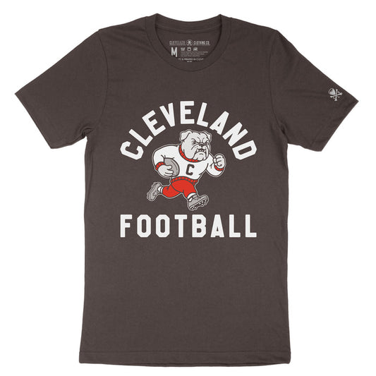 Cleveland Football Retro Mascot unisex brown t-shirt with vintage football graphic