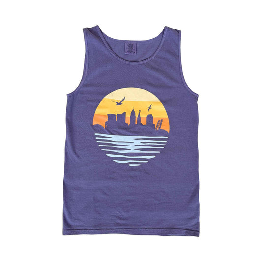 Blue tank top with a sunset cityscape design on a white background