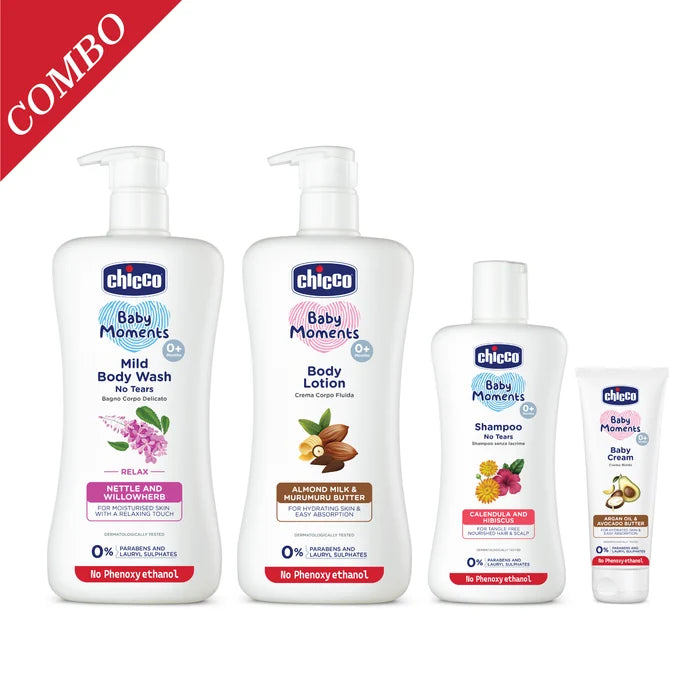 Combo Baby Moments Mild Body Wash Relax 500 ml & Body Lotion 500 ml & Shampoo 200 ml & Baby Cream 100 ml
