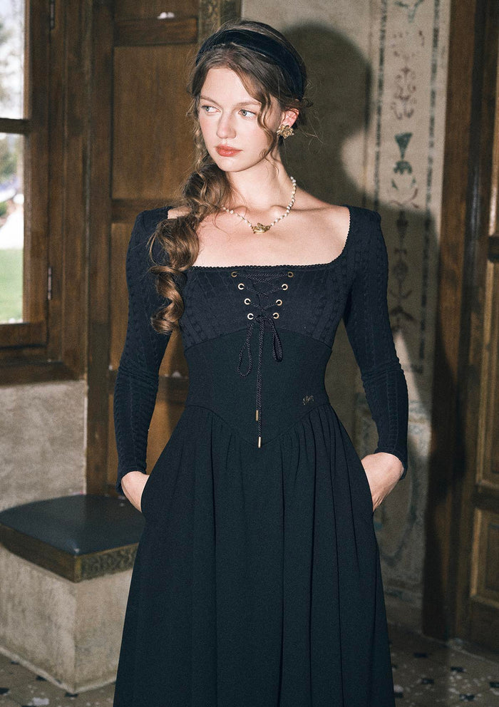 Lacemade Courtyard Rendezvous Elegant black knit dress with pockets