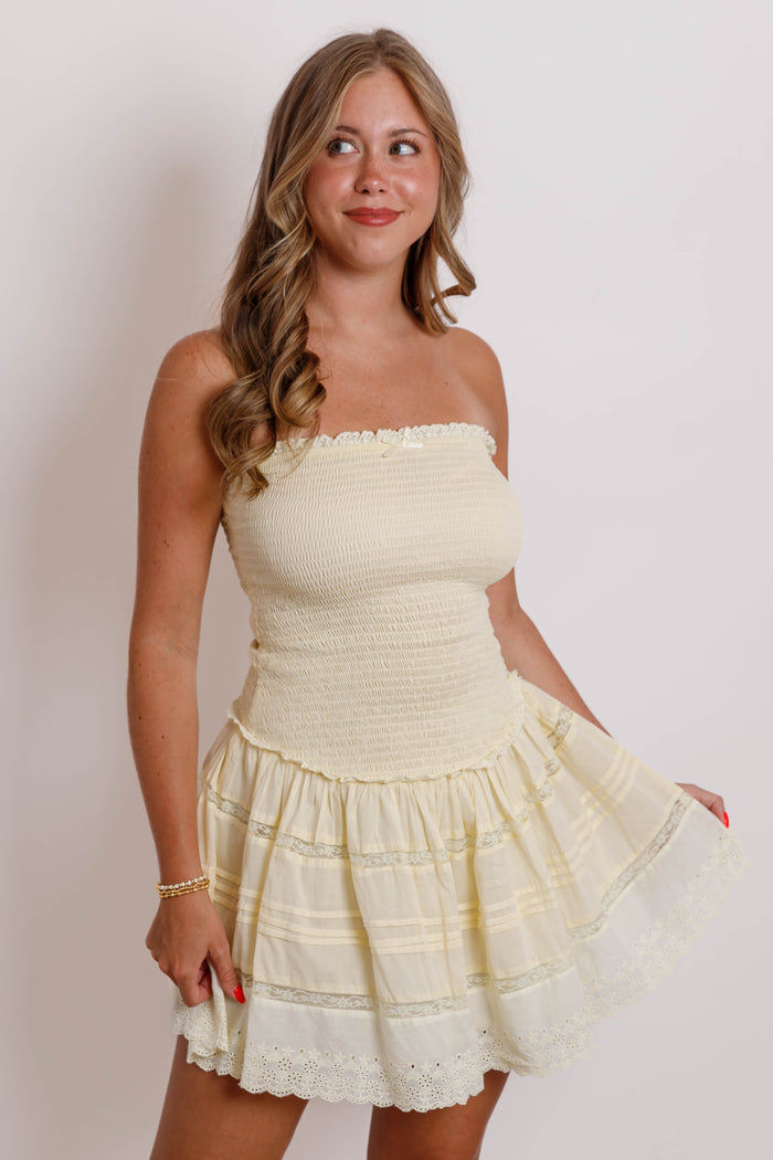 Butter Yellow Strapless Mini Dress- Women's Lace Trim Mini Dress- Sky To Moon Dresses