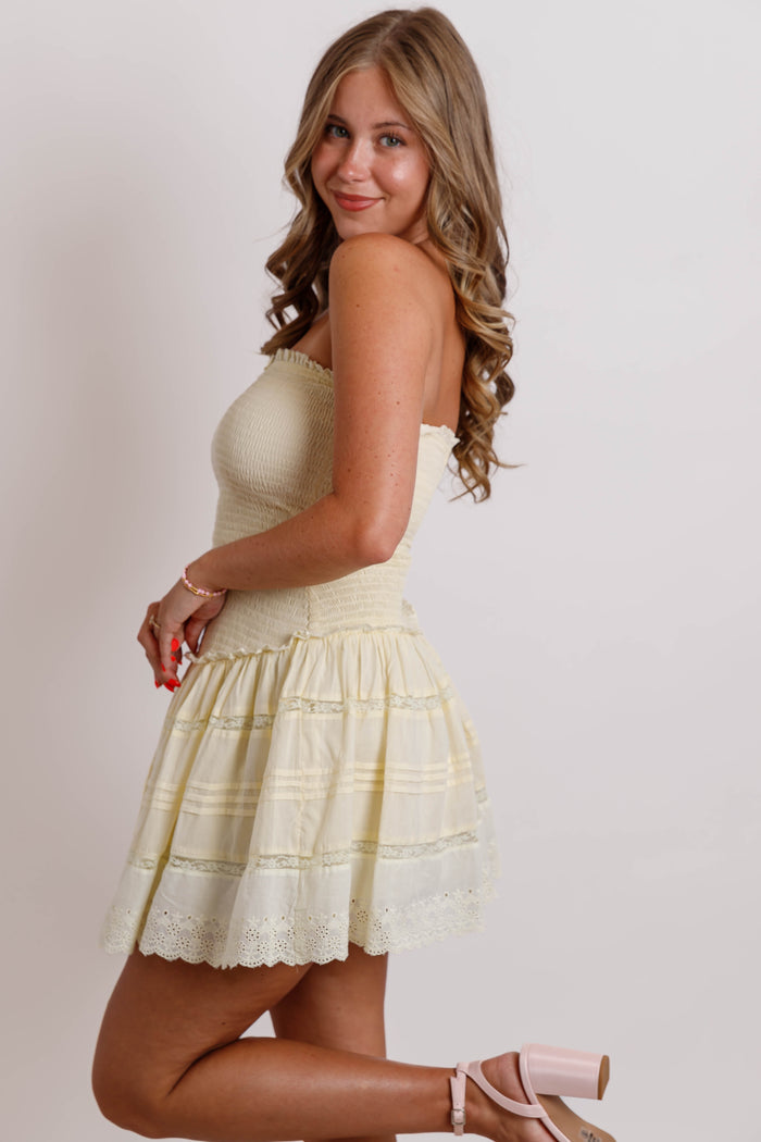 Butter Yellow Strapless Mini Dress- Women's Lace Trim Mini Dress- Sky To Moon Dresses