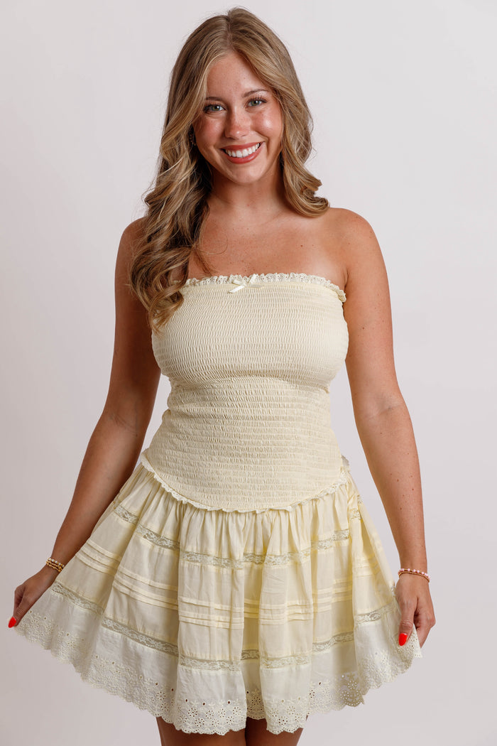 Butter Yellow Strapless Mini Dress- Women's Lace Trim Mini Dress- Sky To Moon Dresses