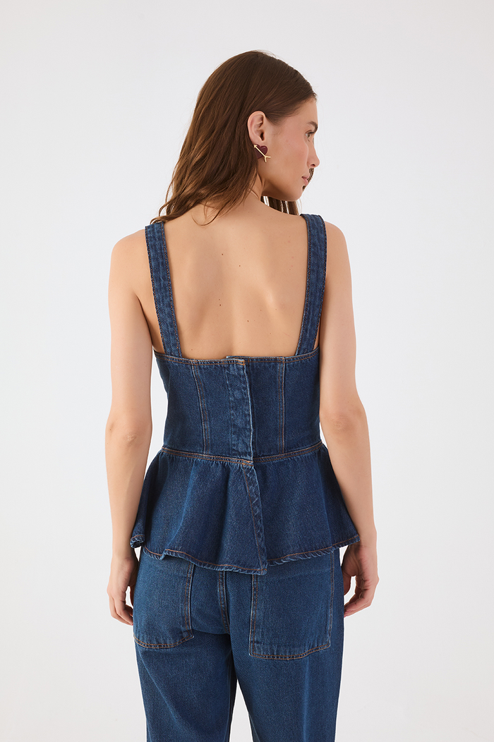 Denim Sweetheart Neckline Peplum Blouse_6