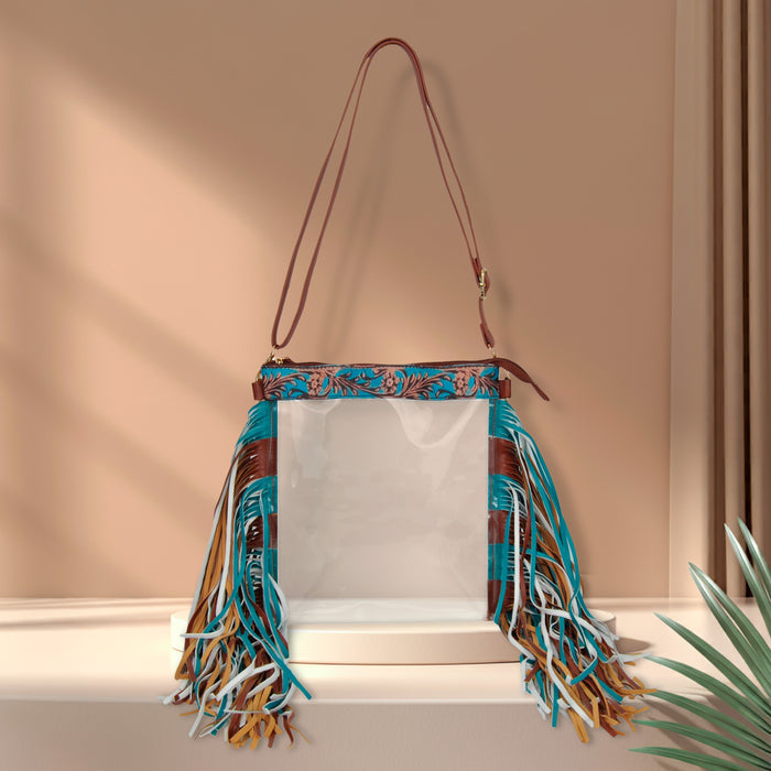 clear fringe bag, faux leather fringe purse, concert fringe bag, stadium approved clear bag, western clear bag, fringe stadium bag, festival clear purse, PVC clear fringe tote, clear bag with fringe, stadium concert purse, clear bag for events, western fringe crossbody, clear PVC shoulder bag, detachable strap clear bag, golden accent fringe bag, stylish clear concert bag, faux leather strap bag, stadium ready clear fringe bag, see through fringe bag, trendy clear fringe purse