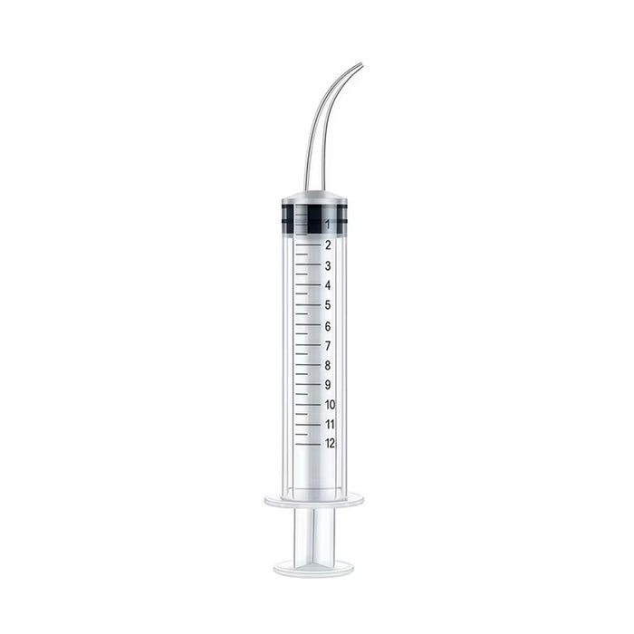 Syringe with a curved tip on a white background
