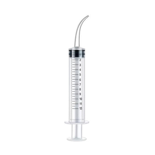 Syringe with a curved tip on a white background