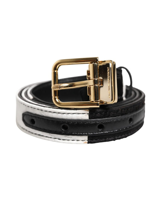 Dolce & Gabbana Black White Patchwork Gold Metal Buckle Belt