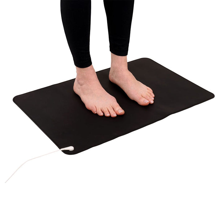 Earth2Body grounding mat with cord; conductive PU and graphene earthing mat; grounding mat with non-slip underside; compact grounding mat for home use; Earth2Body mat with 15 foot grounding cord; faux leather grounding mat