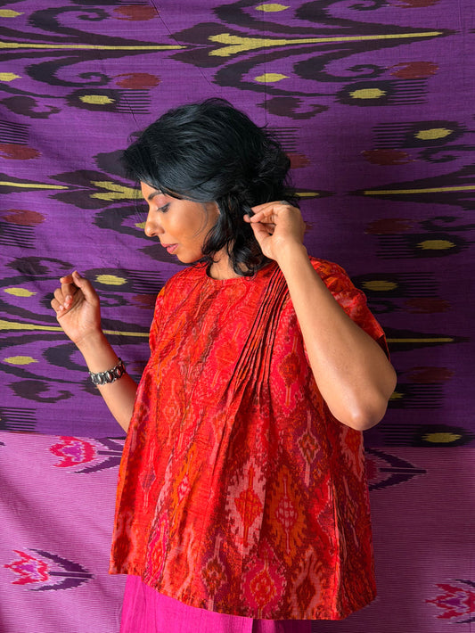 Elements Sunrise Pleated Ikat Top - Crimson