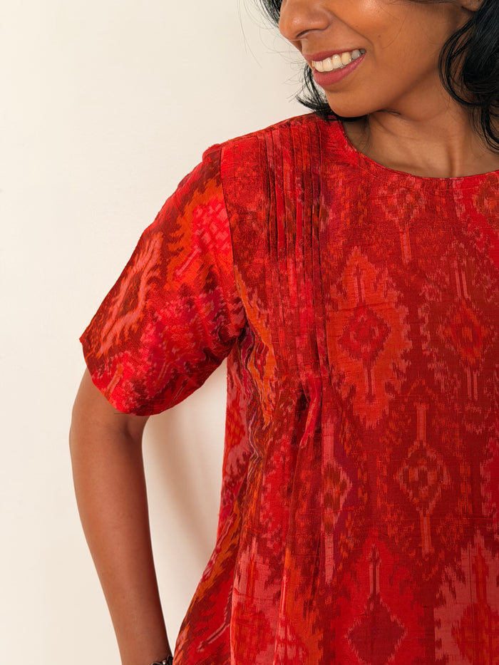 Elements Sunrise Pleated Ikat Top - Crimson