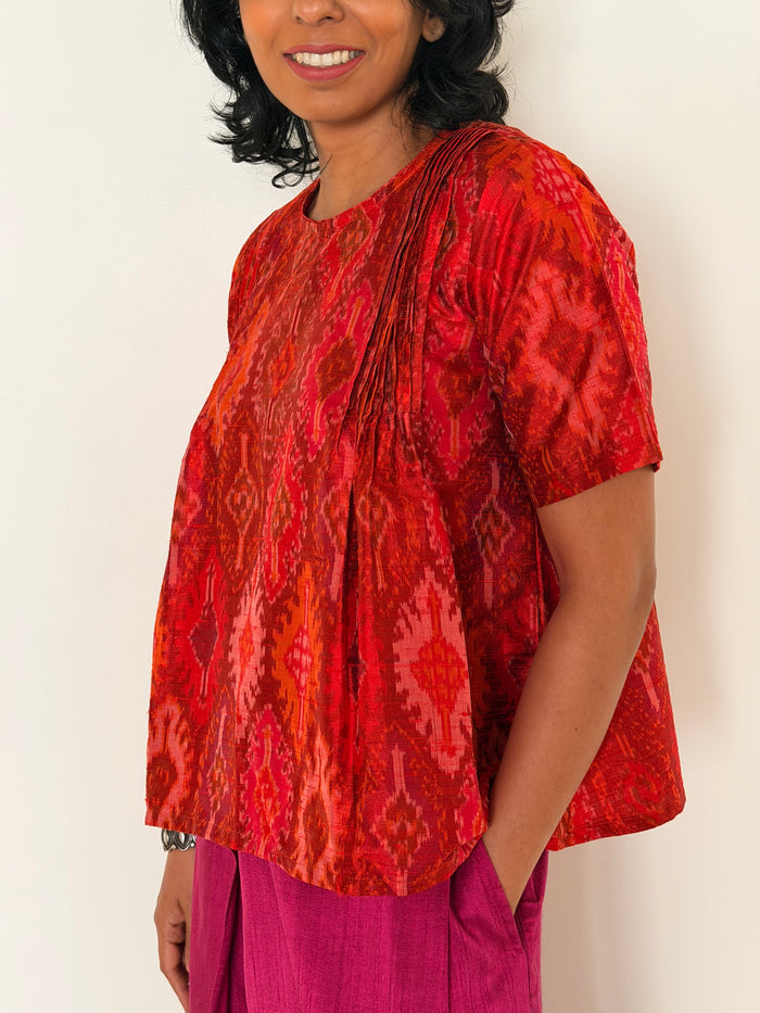 Elements Sunrise Pleated Ikat Top - Crimson