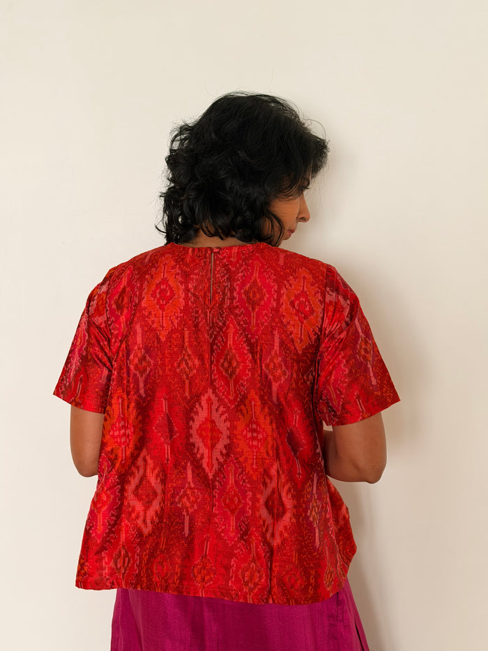 Elements Sunrise Pleated Ikat Top - Crimson