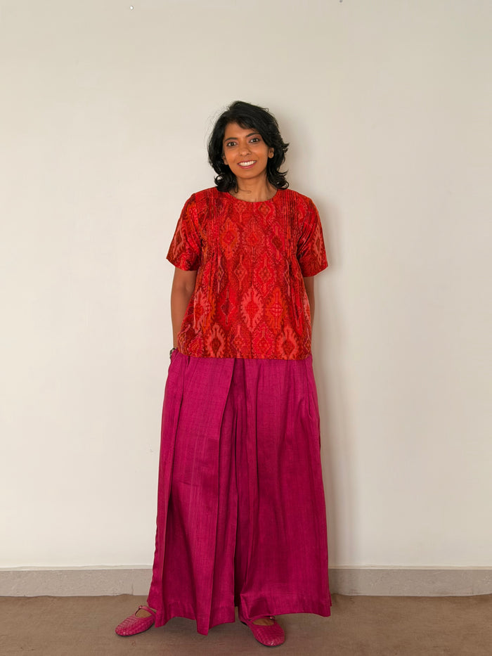 Elements Sunrise Pleated Ikat Top - Crimson