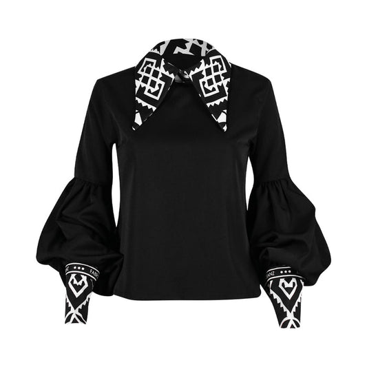African print collar blouse, statement black blouse for women, FabroSanz heritage fashion, bold collar shirt, bishop sleeve blouse, Afro-modern women's fashion, designer African-inspired tops, powerful workwear for women