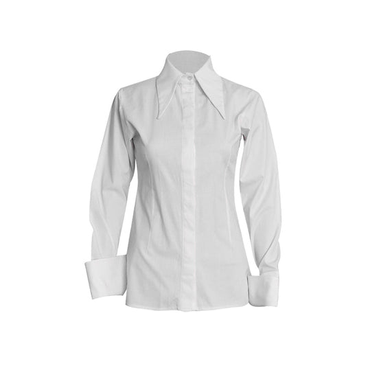 white women’s dress shirt, oversized collar shirt, FabroSanz signature shirt, classic white button-up, tailored white blouse, French cuff shirt for women, retro-inspired fashion, modern office wear South Africa