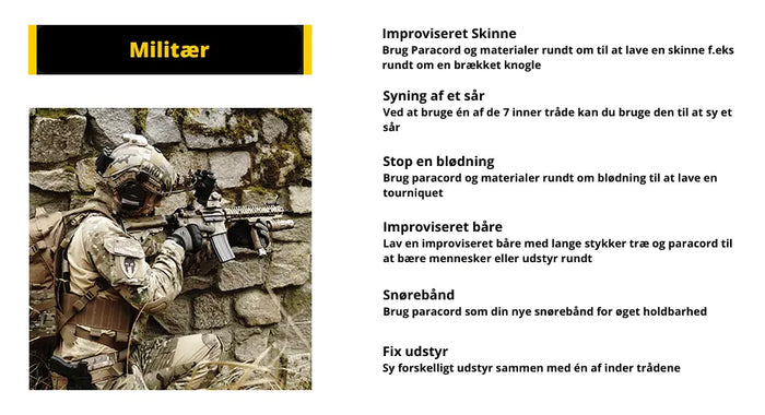 Militærgrønt paracord reb med knuder og en ildstål i en udendørs setting.