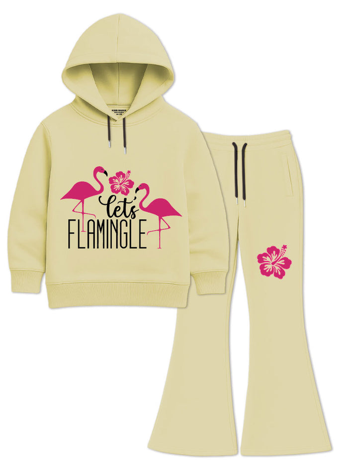 Flamingo Bloom Girls Hoodie & Flared Trouser Set