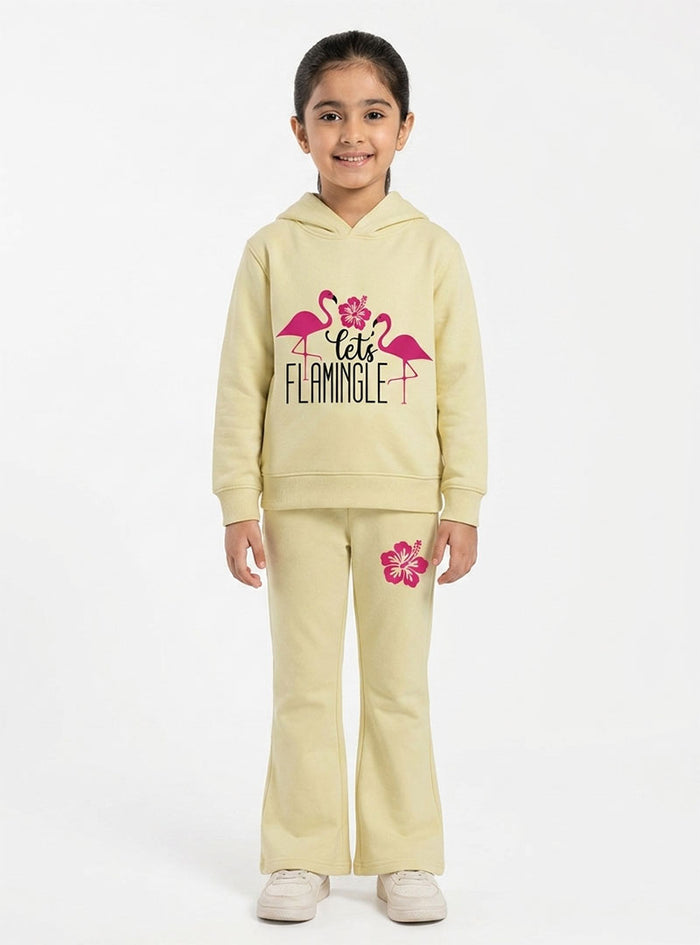 Flamingo Bloom Girls Hoodie & Flared Trouser Set