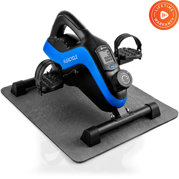 LifePro FlexCycle Plus under-desk exercise bike in black and blue, angled studio shot on its non-slip floor mat, with digital display showing count and time and a Lifetime Warranty badge
