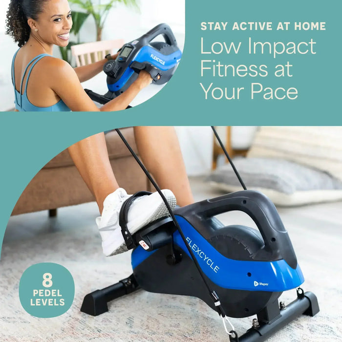 FlexCycle Plus pedal exerciser split image: a woman using the handlebar-mounted digital display above, and a close-up of a foot strapped into the pedal below; a badge reads "8 PEDEL LEVELS" (on-image typo for "PEDAL LEVELS").
