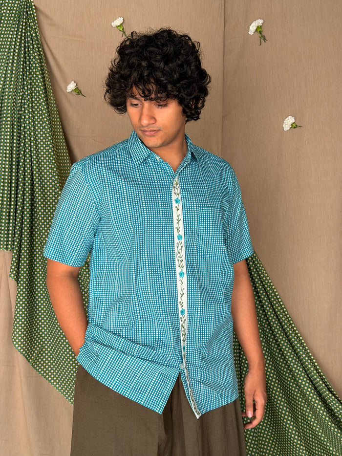 Flowerbed Bramble Embroidered Placket Shirt - Blue Sky