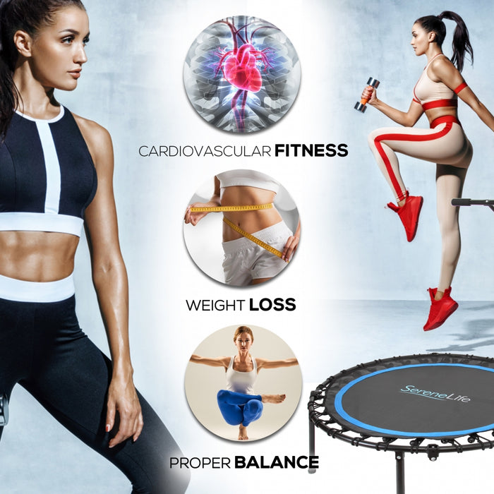 Foldable Mini Trampoline, Aerobic Fitness, Adjustable Handrail, 264 lbs Capacity