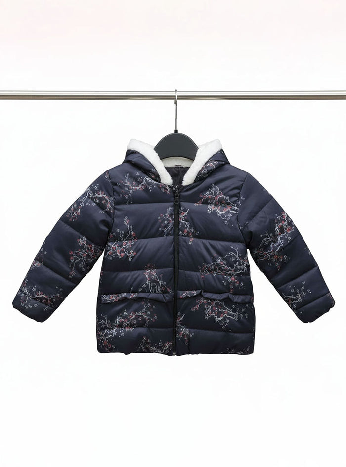 Girl Winter Puffer Jacket with Hood – Soft Fleece Lining & Floral Print