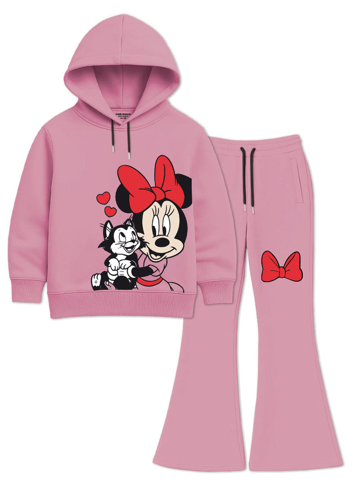 Girls Pink Bow Hoodie & Flared Trouser Set